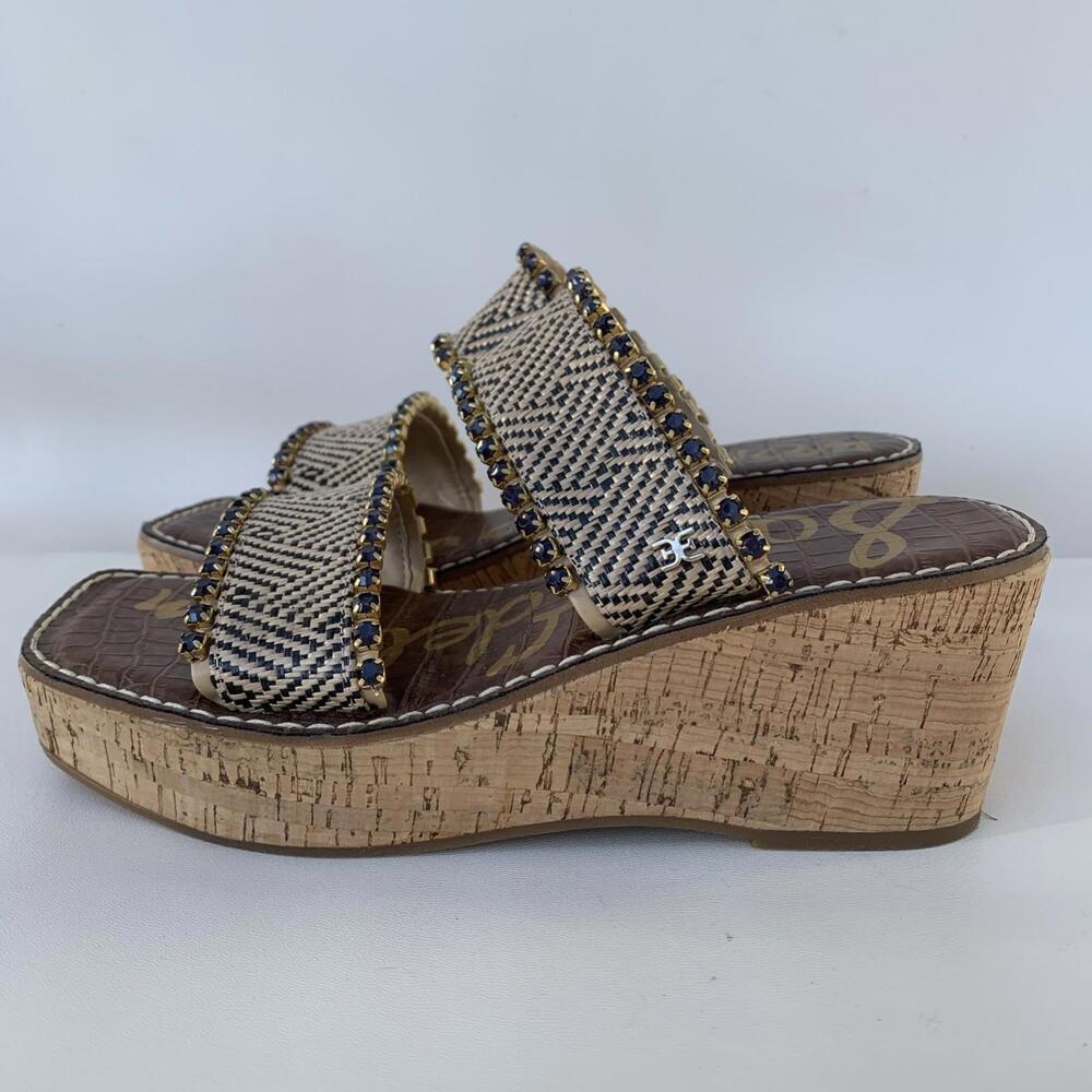 Sam Edelman Angelina Wedges Sandals Raffia Rhinestone Embellished Size 7